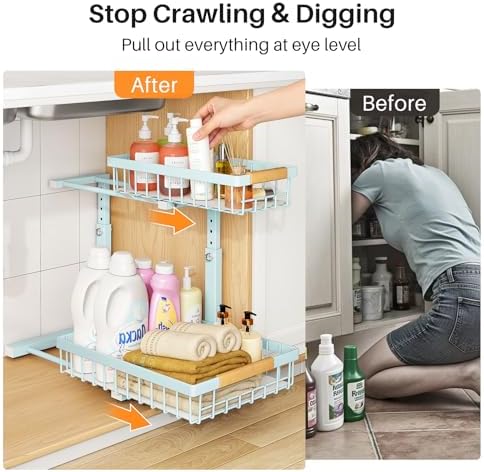 Under Sink Organizer, Adjustable Height, 2 Tier Pull Out Under Cabinet Organizer, Slide Out Thickened Metal Under Sink Storage for Kitchen Bathroom Laundry Pantry Cabinet, Blue, Large-2-Pack