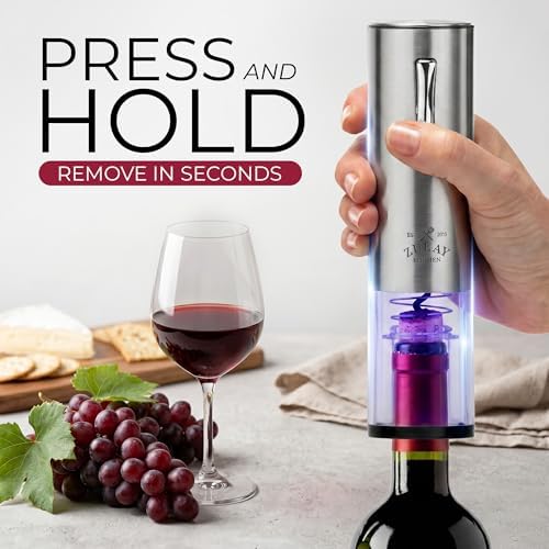 Electric Wine Opener with Charging Base - Electric Wine Bottle Opener, Stainless Steel Wine Opener - Aerator Pourer, Foil Cutter & 2 Vacuum Stoppers - Silver