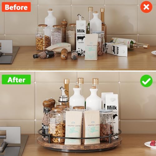 Lazy Susan Organizer：12 Inch 360 Degree Rotating Spice Rack for Kitchen Countertop Round Lazy Susan Wood Turntable Holder for Cabinet Table– Black