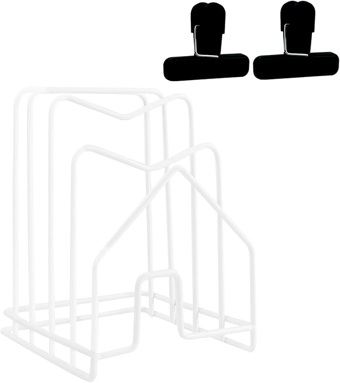 SUNFICON Cutting Board Holder W 2 Chip Bag Clips 304 Stainless Steel Chopping Board Rack Pot Lid Organizer Inside Cabinet Pot Cover Cookie Sheet Bakeware Serving Tray Cooling Rack Stand Kitchen White