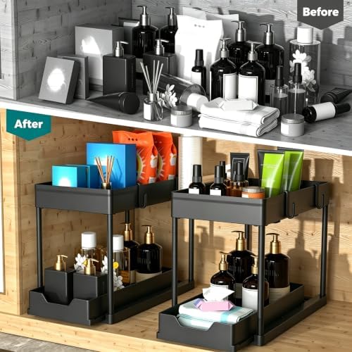 Under Sink Organizer 2 Pack, Bathroom Cabinet Organizer, 2 Tier Sliding Cabinet Basket Organizer Drawer, Multi-Purpose Bath Collection Baskets for Bathroom (Black)