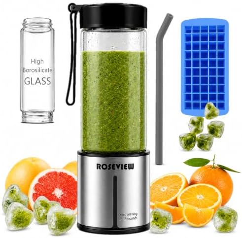 Portable Smoothie blender ROSEVIEW Glass bottle USB rechargeable mini Handheld Ice Shakes Cup 2 speed blend juicer Cordless Personal smoothies maker Fruit mixer (Matellic Steel) by BlendingDrinkingSmoothiesinaGlassBottle