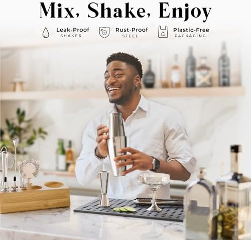 Mixology Bartender Kit Bar Set | 14-Piece Cocktail Shaker Set | Martini Barware Mixing Tools for Home Bartending | Incl. 35 Recipe Cards | Gift Set (28oz Boston Shaker, Silver/Natural)