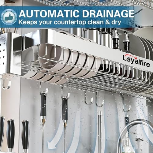 Over Sink Dish Drying Rack, 3 Tier Adjustable Length (20.87'' to 37.6'') Full Stainless Steel Large Storage Kitchen Dish Rack, Expandable Drainer Shelf Rack with Multifunctional Organizers