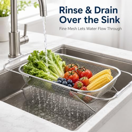 Expandable Over the Sink Colander, 14.6 x 10.6 Inch Stainless Steel Mesh Strainer Basket with Extendable Handles and Folding Feet for Washing Fruit, Vegetables and Draining Dishes, Large