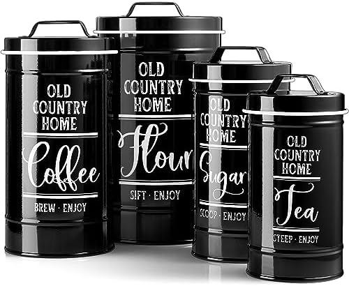 Black Canisters Sets for the Kitchen, Airtight Kitchen Canisters for Countertop, Flour and Sugar Containers, Tea Coffee Sugar Canister Set, Black Kitchen Decor and Accessories, Set of 4