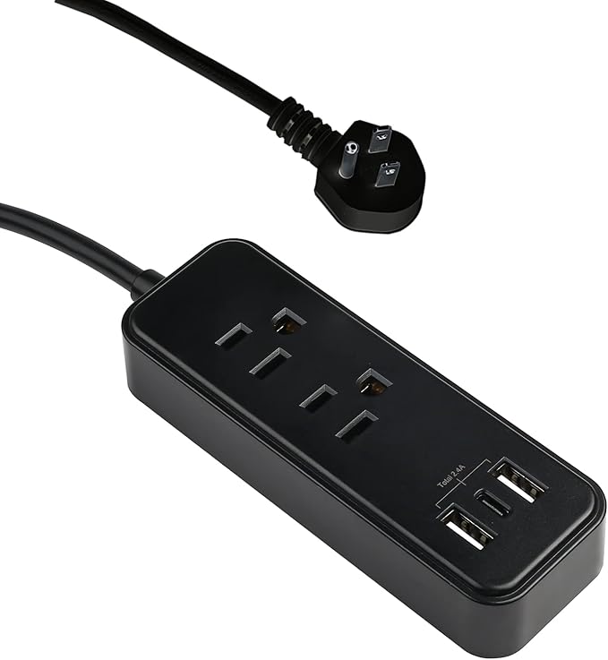 Clear Power 2-Outlet Power Strip with 3 USB Ports(1 USB-C), Flat Plug, 6 ft Power Cord, Compact USB Charging Hub, Desktop Charging Station with USB C, Black, DC3S-1202-DC
