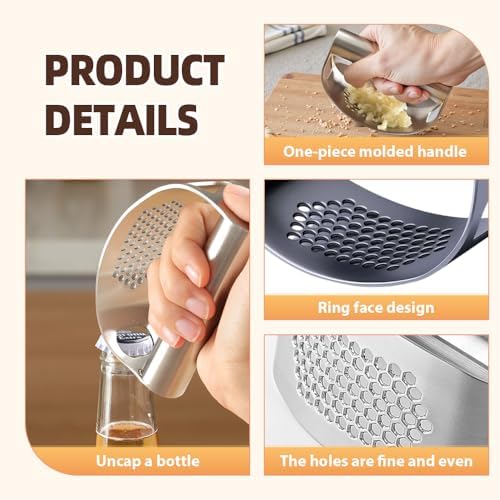 Stainless Steel Garlic Press, 2026 Upgraded Garlic Press Stainless Steel, Garlic Press Rocker, Portable Manual Garlic Crusher, Stainless Steels Garlic Mincer tool with Peeler and Brush (1 Set)