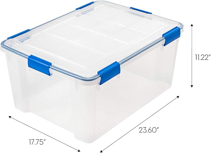 IRIS USA WeatherPro 60 Qt Storage Bins with Lids, 3 Pack, BPA-Free Plastic Gasket Box with Tight Latch and Seal, Stackable Nestable Tote Tub - Clear/Blue