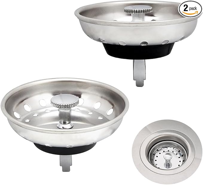 2 Pack - Kitchen Sink Strainer and Stopper Combo Basket Replacement for Standard 3-1/2 inch Drain, Stainless Steel Basket with Plastic Knob, Rubber Stopper Bottom