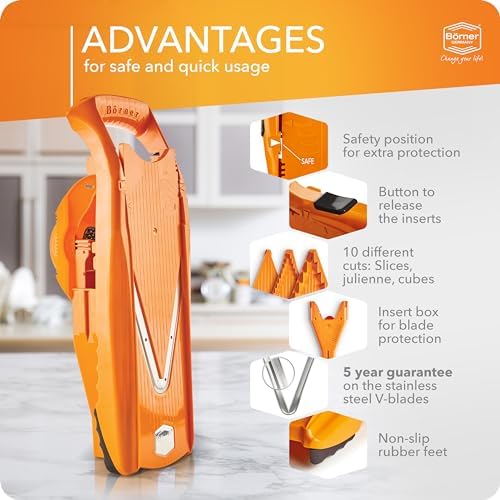 Börner Mandoline Slicer V5 (Starter Set) • Vegetable V-Slicer for Slices, Sticks & Dices in Various Sizes • With Stainless Steel V-Blade • Adjustable Kitchen Slicer • Color: Orange - Image 4