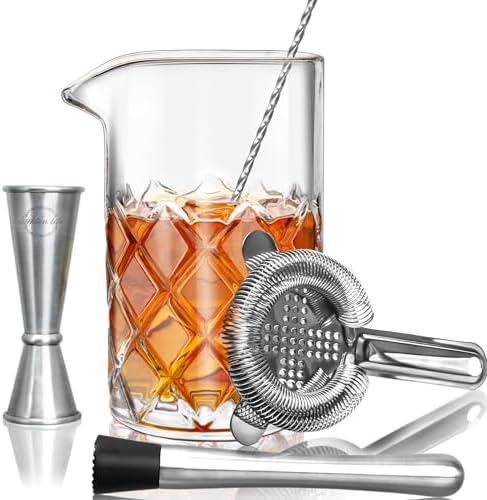 Cocktail Mixing Glass Set,Bar Mixing Set with 20oz Crystal Thick Bottom Glass,Spoon, Jigger,Strainer and Muddle,5 Pieces Cocktail Mixing Glass Kits Perfect for Amateurs and Bartenders