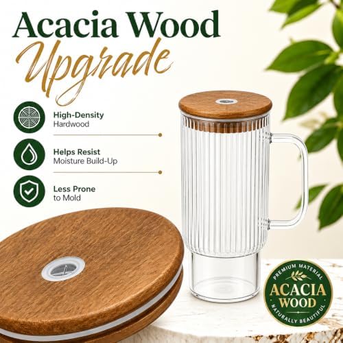 32oz Ribbed Glass Tumbler with Handle, Upgraded Acacia Wood Lid and Stainless Steel Straw, Clear Glass Cup for Iced Coffee, Matcha Latte, Smoothies, Tea, Hot & Cold Drinks