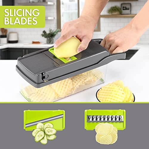 Vegetable Chopper Onion Cutter, 12 in 1 Professional Mandoline Slicer for Kitchen, Multifunctional Food Chopper for Potato, Tomato, Veggie with Strainer Basket, 8 Blades, Gray