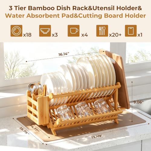 Bamboo Dish Drying Rack with Utensil Holder 3 Tier Dish Drainer