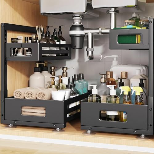2 Pack Under Sink Organizer,Pull Out Cabinet Organizer with Smooth Cylindrical Rail,Metal Slide Out Drawer for Kitchen Bathroom Laundry Cabinet,8-Level Tool Free Height Adjustable-Black