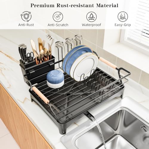 Dish Drying Rack,Space Saving Dish Drainer for Kitchen Counter & Sink,Black