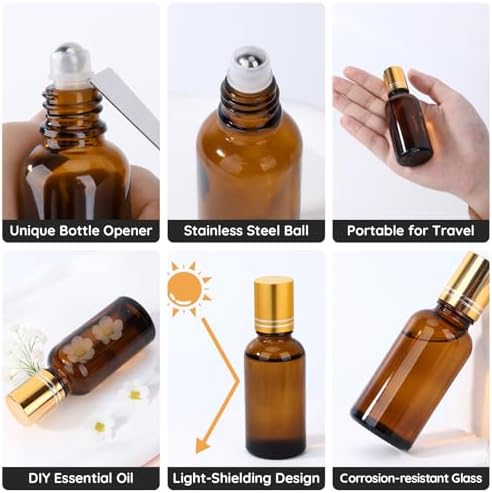 Segbeauty 1oz Thick Amber Glass Roller Ball Applicator, 5pcs Refillable Perfume Roller Bottles for Essential Oils, 30ml Travel Size Roll On Bottle for Eye Essence, Empty Rollerball Bottles for Oil - Image 2