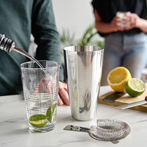 3-Piece Barware Set for Mixed Drinks and Cold Brew Cocktails, Includes Cocktail Shaker Tin, Cocktail Mixing Glass with 7 Printed Recipes, and Hawthorne Strainer, Home Bar Tools, Bartender Gifts