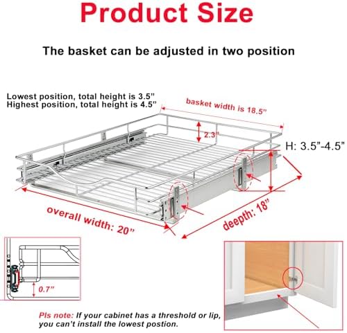 1 Tier Pull Out Cabinet Organizer (20" W x 18" D) Heavy-Duty Metal Sliding Drawer Shelf, Slide Out Wire Basket for Kitchen Cabinets, Pantry, Bathroom, Chrome Finish…