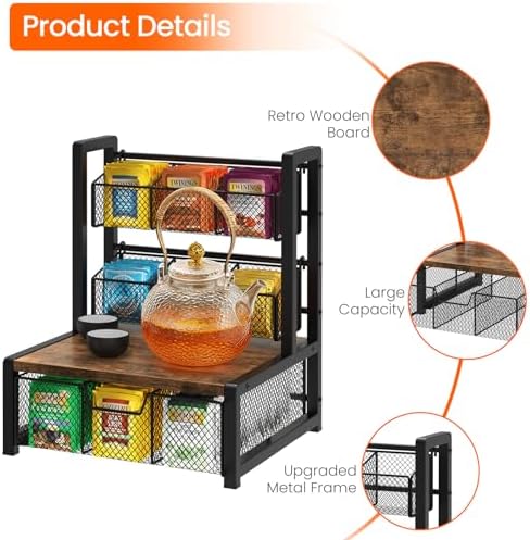 Tea Bag Organizer, 3 Tier Tea Storage Box, Rustic Brown