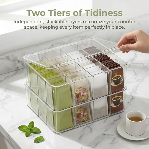 16 Compartment Acrylic Tea Bag Organizer with Lid (2 Pack)