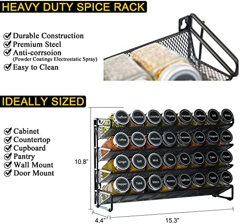 Spice Rack Organizer with 32 Spice Jars, 386 Spice Labels, Chalk Marker and Funnel Set for Cabinet, Countertop, Pantry, Cupboard or Door & Wall Mount - 32 Jars, 15.3" W × 10.8" H, Black
