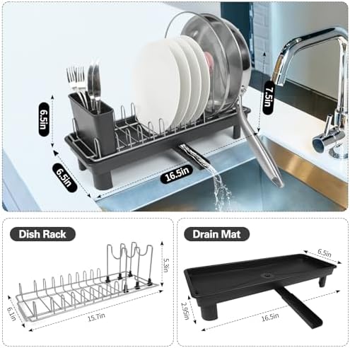 Small Dish Drying Rack for Countertop with Drain Tray & Utensil Holder