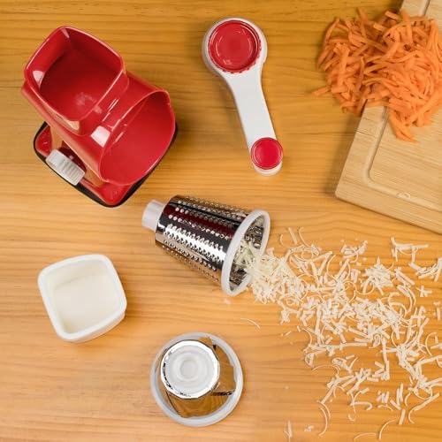 Badelite Cheese Grater Hand Crank Rotating Cheese Shredder Stainless Steel Vegetable Slicer Grater for Kitchen 3 Blades for Cheese, Carrot, Cucumber, Nuts, Chocolate, Red - Image 6