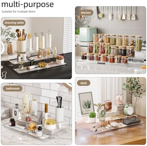 3-Tier Expandable Clear Spice Rack Organizer 2 Pack Adjustable Tiered Seasoning Shelf with Non-Slip Textured Surface, Multi-Purpose Cabinet Organizer for Kitchen Pantry Countertop Vanity