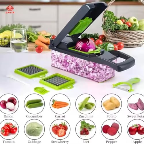 ZARIN 16‑in‑1 Vegetable Chopper & Slicer – Multi-Function Kitchen Gadget for Onions, Fruits & Vegetables – Mandoline Slicer with Interchangeable Blades for Easy Meal Prep - Image 2