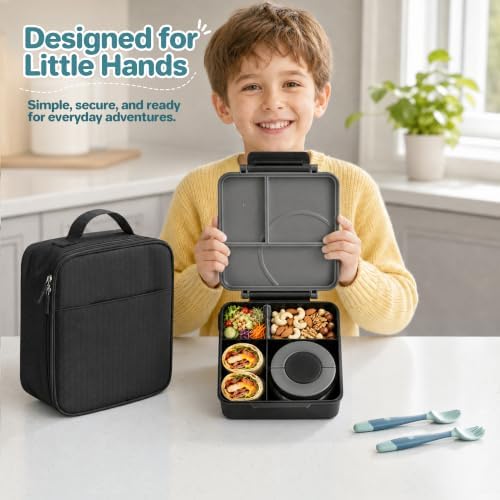 Bento Lunch Box Set for Kids with 8oz Soup Thermo, Leak-Proof Lunch Containers with 4 Compartment, Kids Thermo Hot Food Jar and Insulated Lunch Bag for Kid to School-Black