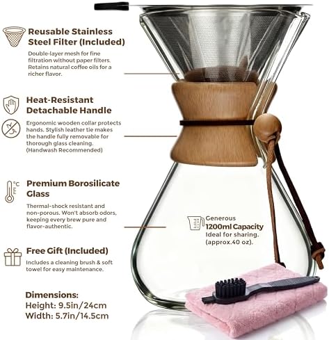 Pour Over Coffee Maker Set, 40oz Classic Style, 304 Stainless Filter