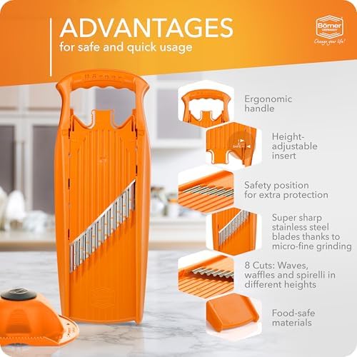 Börner by Reston Lloyd Wave-Waffle Power Line • Crinkle Cut/Spirelli Vegetable Slicer & Food Safety Holder • Slicer for Wave Waffle Cut Style • Multiple Thickness Options • Made in Germany, Orange - Image 4