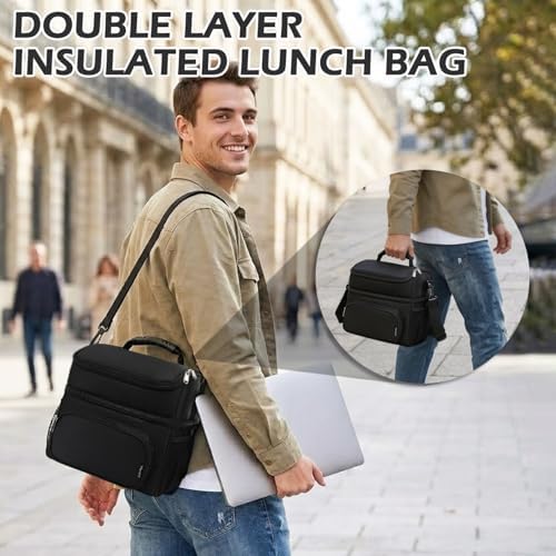 Double Layer Cooler Insulated Lunch Bag Adult Lunch Box Large Tote Bag for Men, Women, With Adjustable Strap,Front Pocket and Dual Large Mesh Side Pockets
