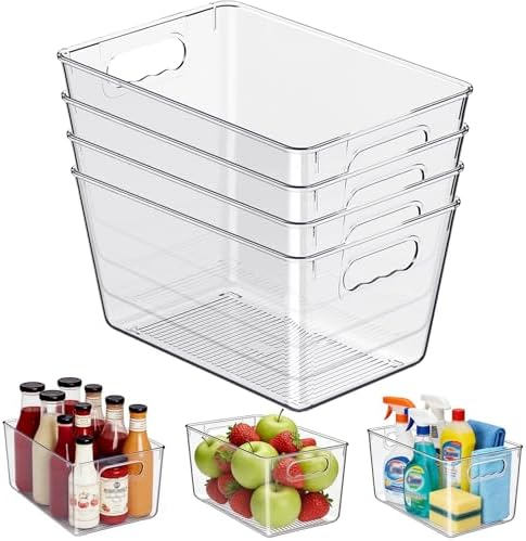 Clear Fridge Organizer Bins with Handles, 4 Pack Large 11.5×7.5×6 Inch