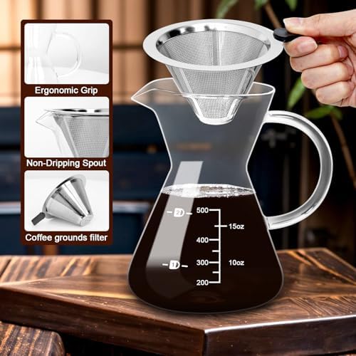 17oz/500ML Glass Pour Over Coffee Maker & Stainless Filter