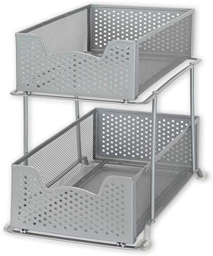 2 Tier Sliding Cabinet Basket Organizer Drawer, Silver