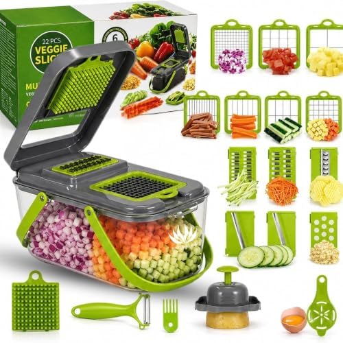 Vegetable chopper & Fruit Chopper, Mandolin Food Slicer, Veggie Shredder with Container, Essential Kitchen Gadgets (22 in 1)
