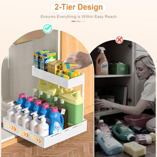 2 Pack Expandable Under Sink Organizer, 2 Tier Pull Out Cabinet Organizer with Smooth Ball Bearing Slides, Adjustable Height Cabinet Storage Shelves for Kitchen, Bathroom, Laundry, Pantry