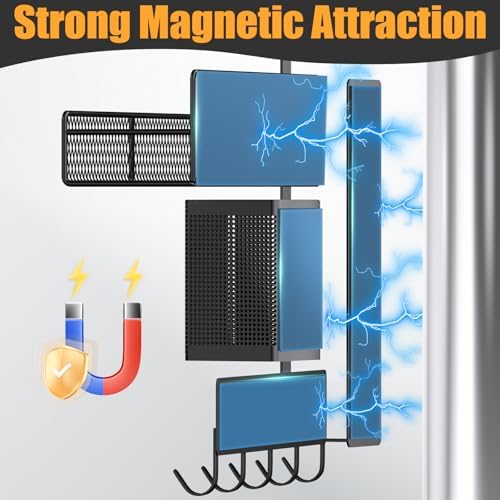 Magnetic Spice Rack for Refrigerator, 7 Pack Metal Shelf Black, Moveable Organizer with Hook Rack, Paper Towel Holder, Kitchenware Strong Storage Fridge