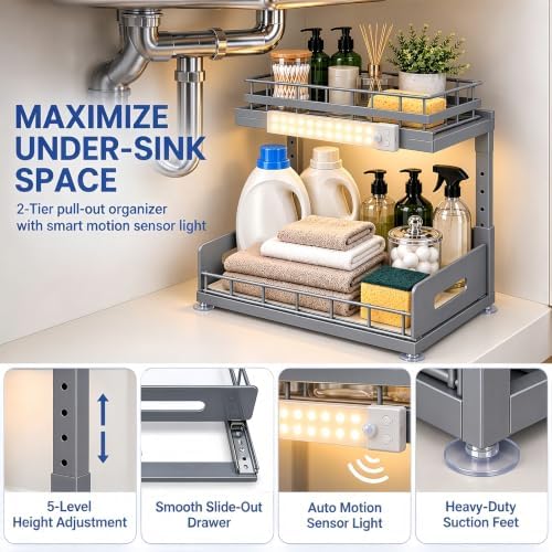 Under Sink Organizer with Motion Sensor LED, Pull-Out Home Organizers