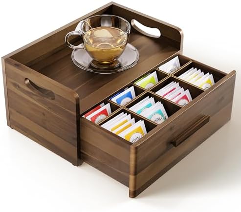 Acacia Wooden Tea Box Organizer with Drawer for Countertop Display