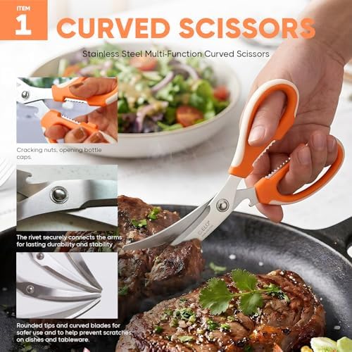 Korean BBQ Kitchen Shears and Tongs Set | Multi-Purpose Kitchen Scissors, Tweezers, Scissor-Tongs for Cooking Chicken Meat Salad Barbecue Herb | Stainless Steel Comfort Handle Dishwasher Safe