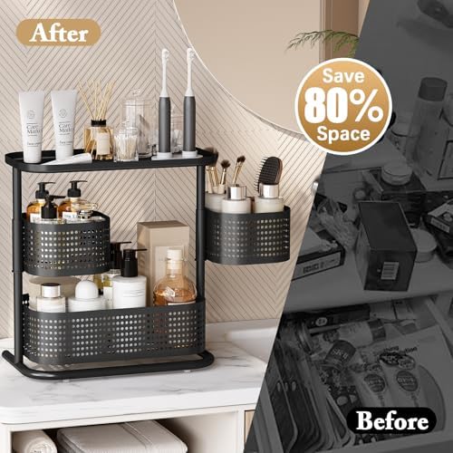 Metal Bathroom Counter Organizer，Rotating Countertop Storage Shelf