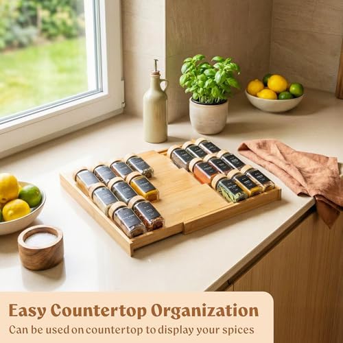 Bamboo Spice Drawer Organizer, Expandable 4 Tier Spice Rack