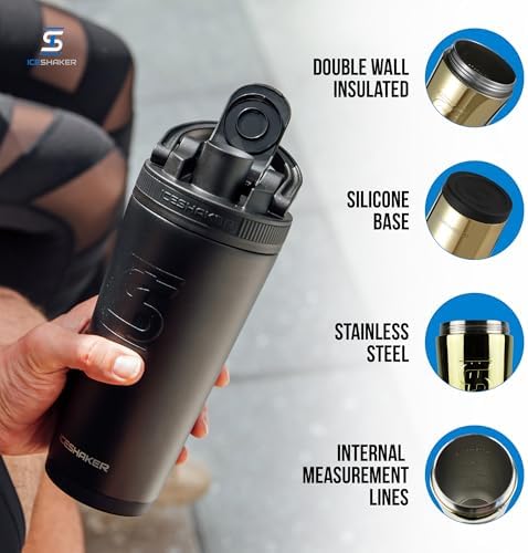 Insulated Stainless Steel Shaker Bottle | 26oz, Gold | Cold for 30+ Hours | Insulated Cup with Twist-on Agitator | Odor-Free Bottle for Protein Shakes, Water, Smoothies, Cocktails