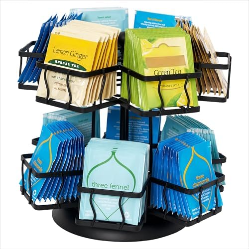Tea Bag Organizer - Spinning Carousel Holder With 12 Compartments, Up to 140 Tea Bags Storage, Black Powder Coated Stainless Steel