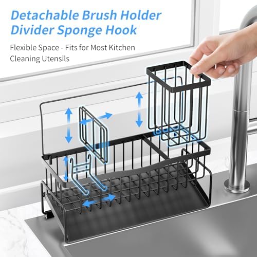 Sponge Holder for Kitchen Sink 304 Stainless Steel Self-Draining Sink Caddy with Smiley Face Sponge and Brush Holder Towel Bar and Divider Kitchen Gadgets Organizer for Countertop, Black