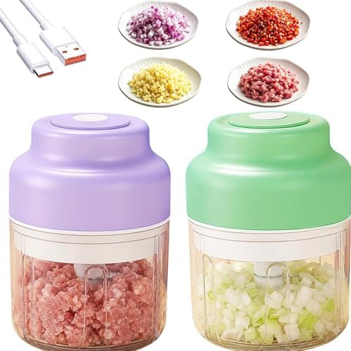 Mini Electric Garlic Chopper & Mini Portable Veggie Chopper, Household Electric Garlic Crusher, 6 Blades Electric Food Chopper for Garlic, Onion, Ginger, Chili, Spices and Fruit (Purple+Green) by Unknown